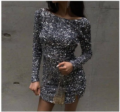 Mini Dresses - Backless Sparkling Silver Sequin Mini Dress Long Sleeve