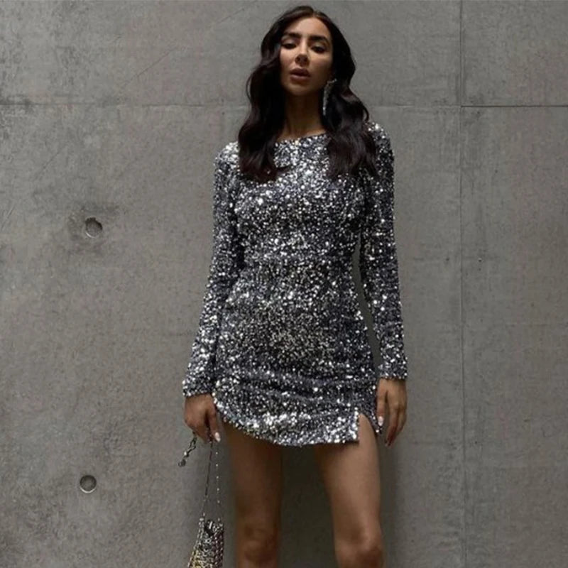 Mini Dresses - Backless Sparkling Silver Sequin Mini Dress Long Sleeve