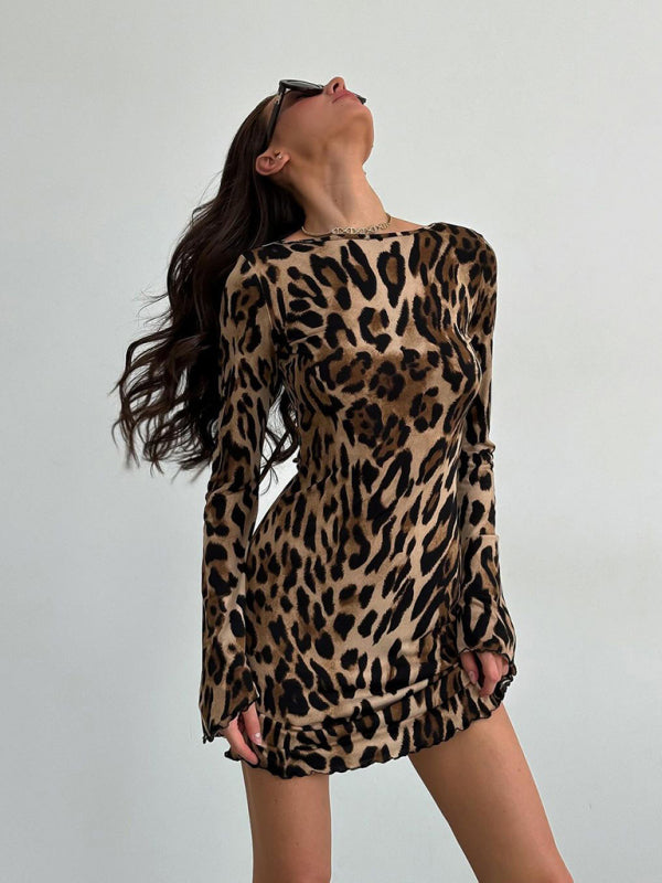 Mini Dresses - Bell Sleeve Leopard Mini Dress for Runway Events