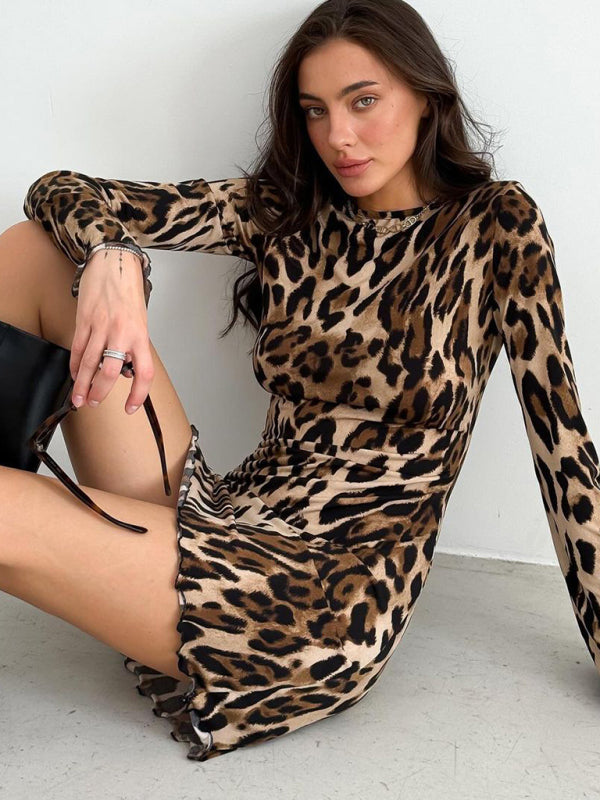 Mini Dresses - Bell Sleeve Leopard Mini Dress for Runway Events