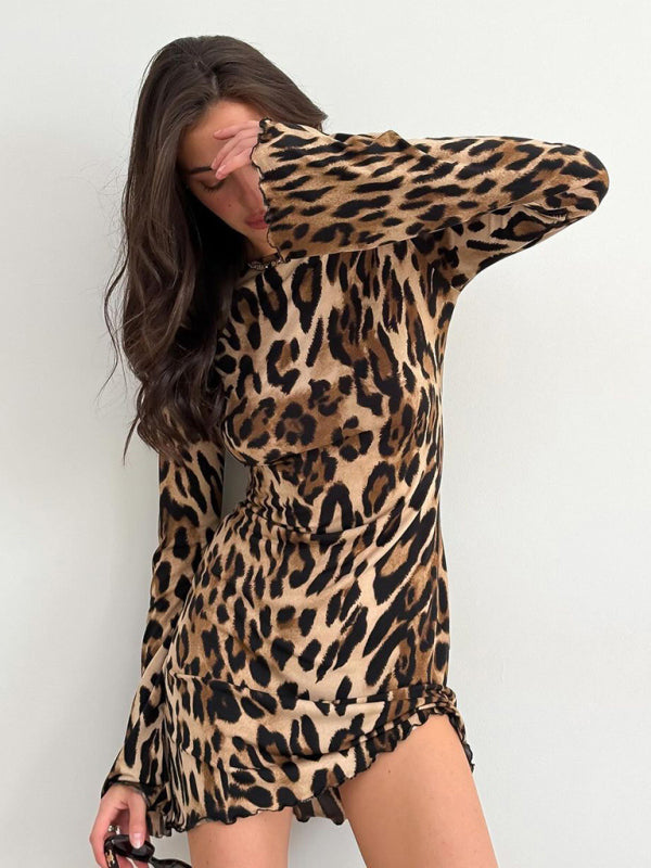 Mini Dresses - Bell Sleeve Leopard Mini Dress for Runway Events