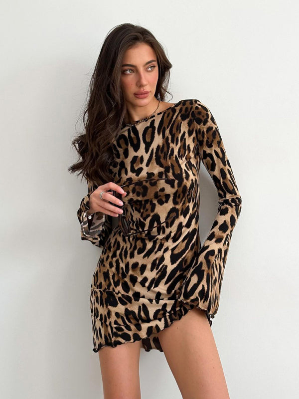 Mini Dresses - Bell Sleeve Leopard Mini Dress for Runway Events