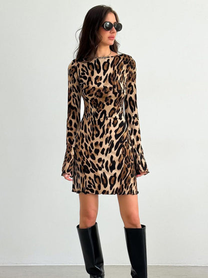 Mini Dresses - Bell Sleeve Leopard Mini Dress for Runway Events