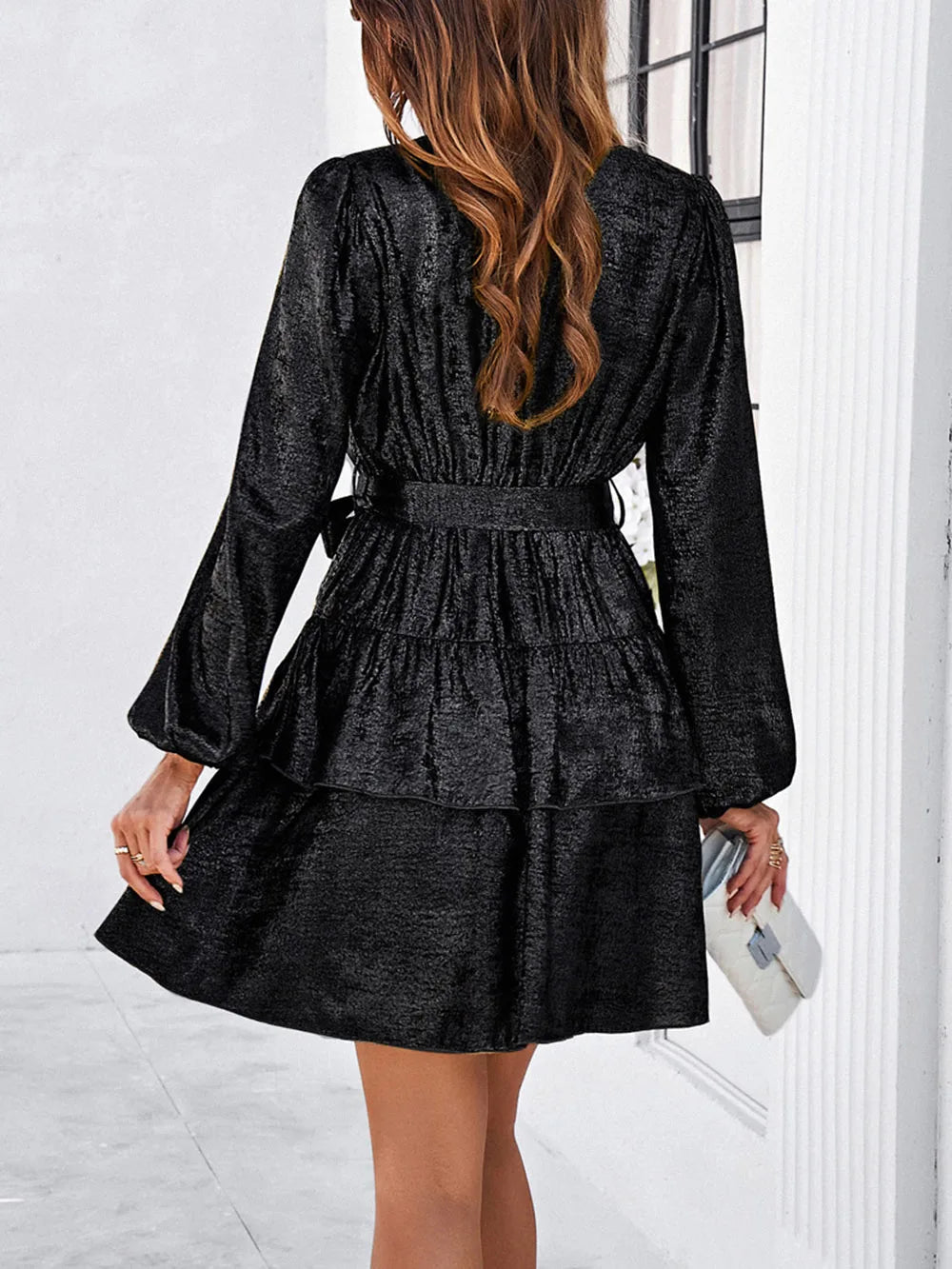 Mini Dresses - Black Layered V-neck Belted Long Sleeve Mini Dress