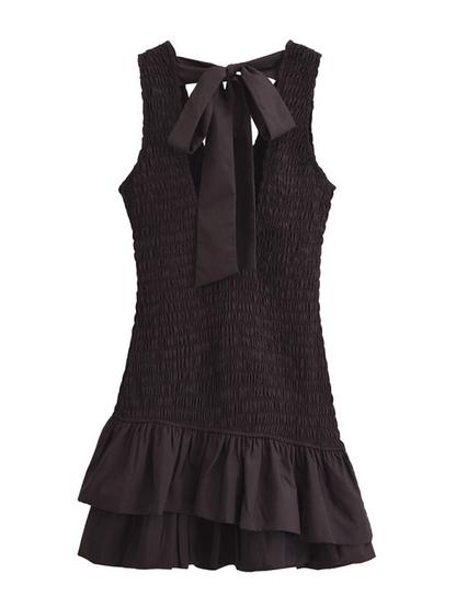 Mini Dresses - Black Smocked Ruffle Hem Mini Dress with Bow