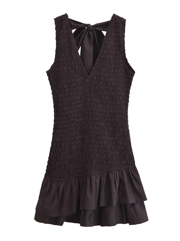 Mini Dresses - Black Smocked Ruffle Hem Mini Dress with Bow