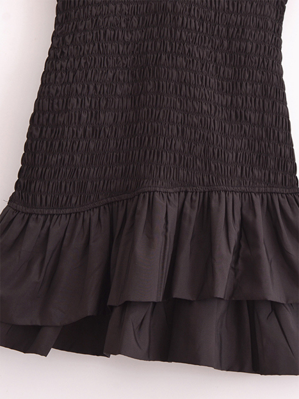 Mini Dresses - Black Smocked Ruffle Hem Mini Dress with Bow