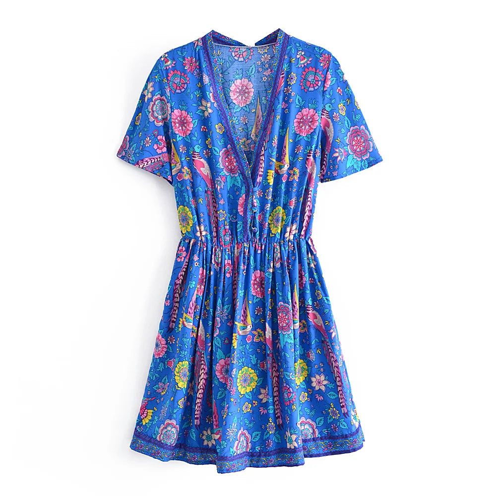 Mini Dresses- Blue Floral Print Plunging Neck Boho Mini Dress