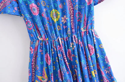 Mini Dresses- Blue Floral Print Plunging Neck Boho Mini Dress