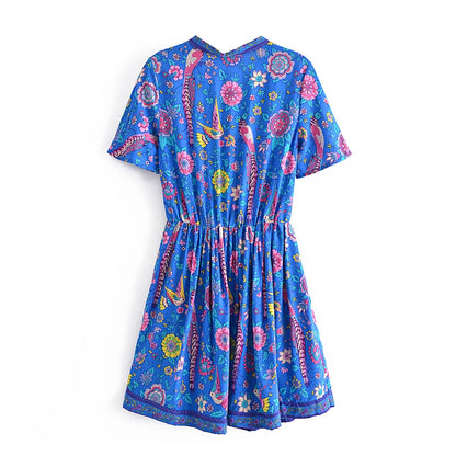 Mini Dresses- Blue Floral Print Plunging Neck Boho Mini Dress