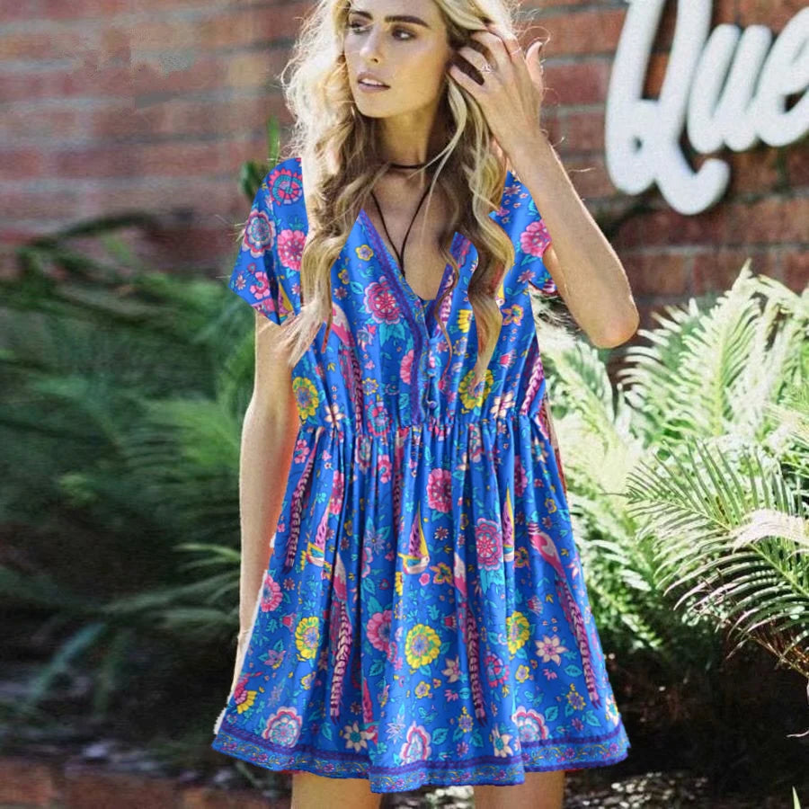 Mini Dresses- Blue Floral Print Plunging Neck Boho Mini Dress