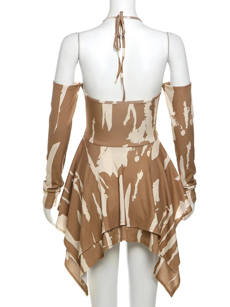 Mini Dresses- Camouflage-Inspired Abstract Halter Dress- - Chuzko Women Clothing