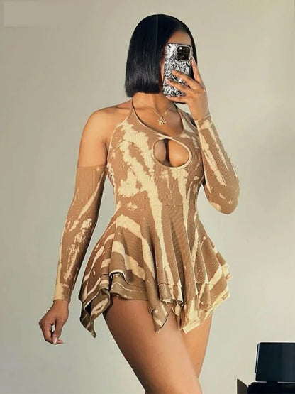 Mini Dresses- Camouflage-Inspired Abstract Halter Dress- Khaki- Chuzko Women Clothing