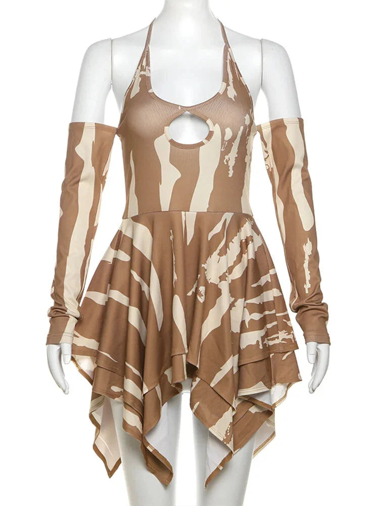 Mini Dresses- Camouflage-Inspired Abstract Halter Dress- - Chuzko Women Clothing