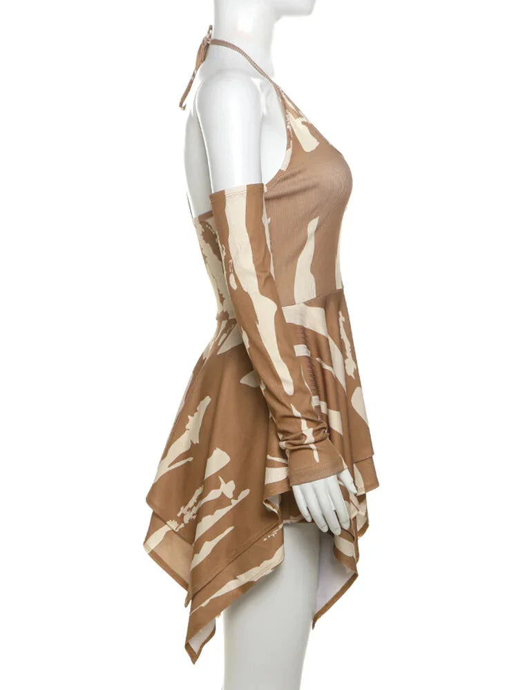 Mini Dresses- Camouflage-Inspired Abstract Halter Dress- - Chuzko Women Clothing