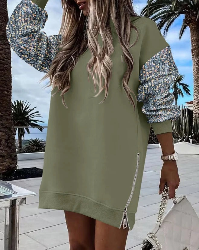 Mini Dresses - Casual Long Sleeve Contrast Sequin Zipper Slits Sweatshirt Mini Dress