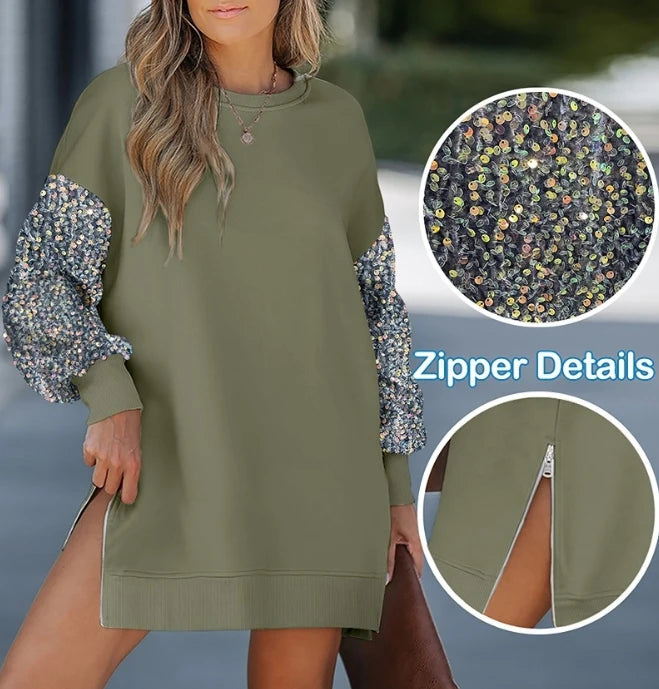 Mini Dresses - Casual Long Sleeve Contrast Sequin Zipper Slits Sweatshirt Mini Dress