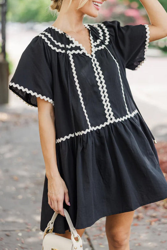 Mini Dresses - Black Summer Dress with Ricrac Trim