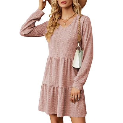 Mini Dresses - Chic Layered Mini Dress with V-Neck for Cool Seasons