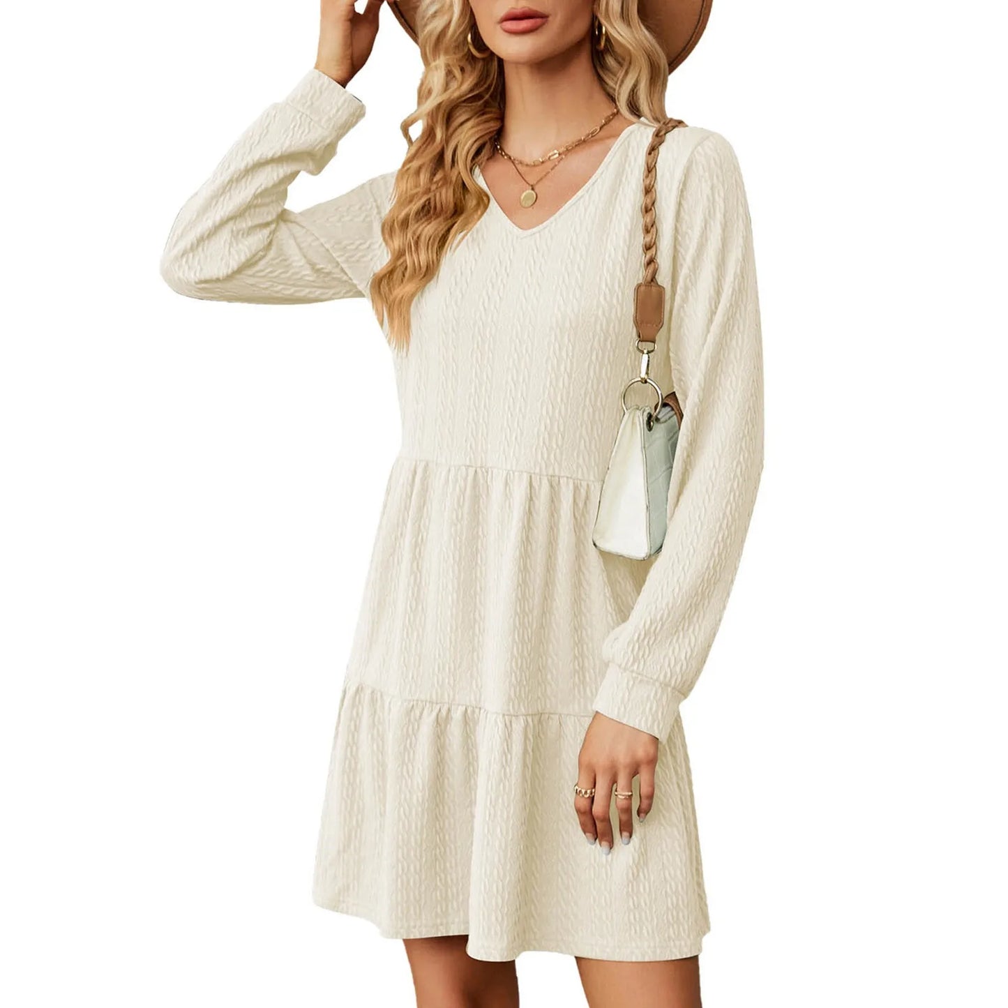 Mini Dresses - Chic Layered Mini Dress with V-Neck for Cool Seasons