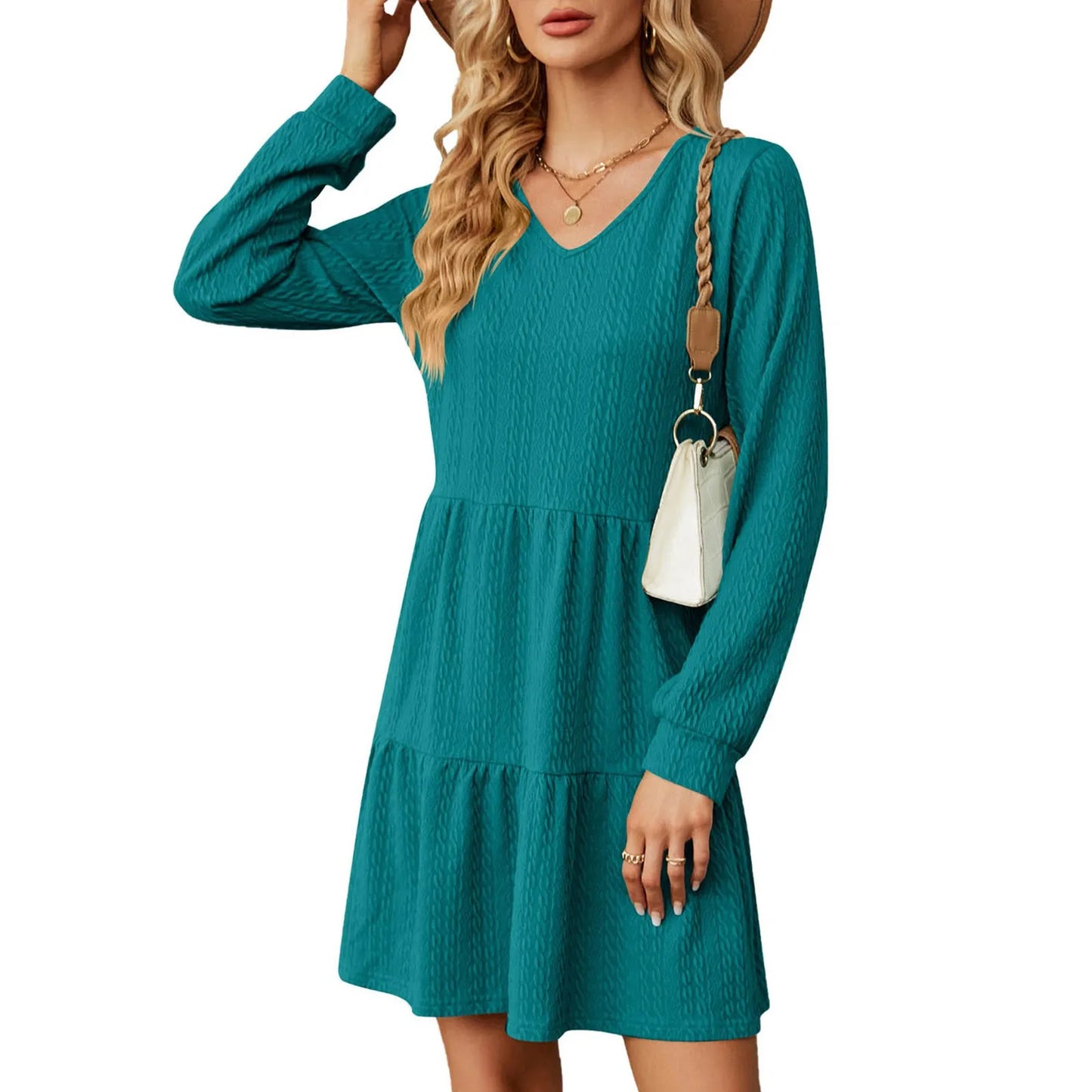 Mini Dresses - Chic Layered Mini Dress with V-Neck for Cool Seasons