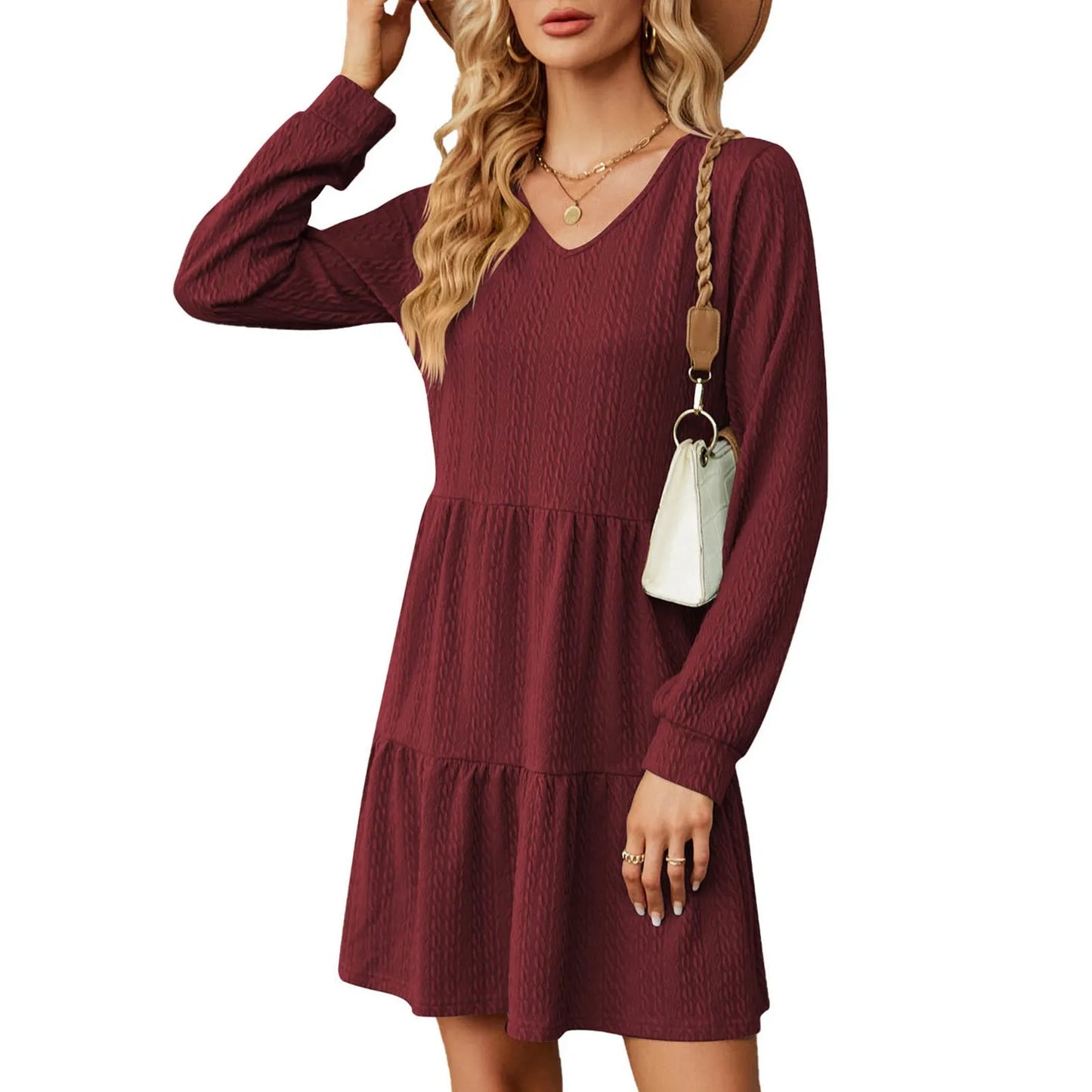 Mini Dresses - Chic Layered Mini Dress with V-Neck for Cool Seasons