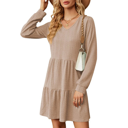 Mini Dresses - Chic Layered Mini Dress with V-Neck for Cool Seasons