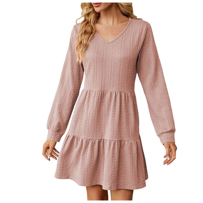 Mini Dresses - Chic Layered Mini Dress with V-Neck for Cool Seasons