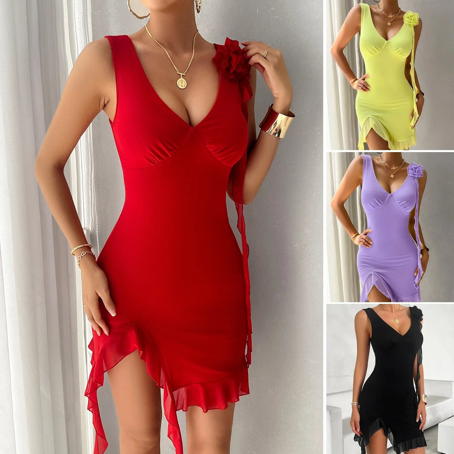 Cocktail Bodycon Dress with Ruffle Details - Trendy & Elegant