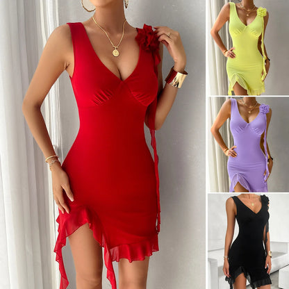 Chic Sleeveless V-Neck Ruffle Bodycon Dress