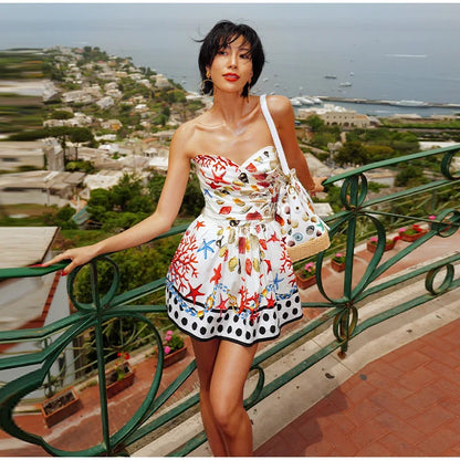 Colorful Marine Print Strapless Mini Dress