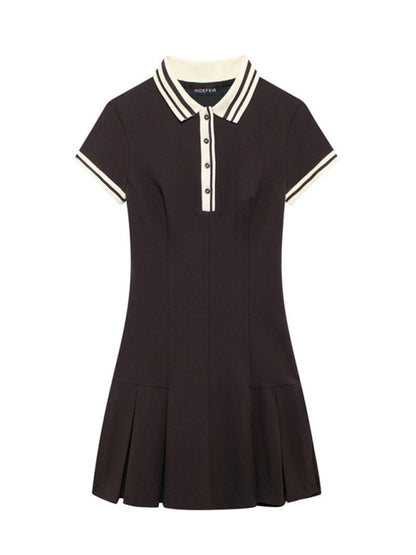 Mini Dresses - Contrast Trim Drop Waist Henley Collar Dress