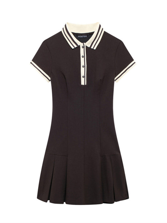 Mini Dresses - Contrast Trim Drop Waist Henley Collar Dress