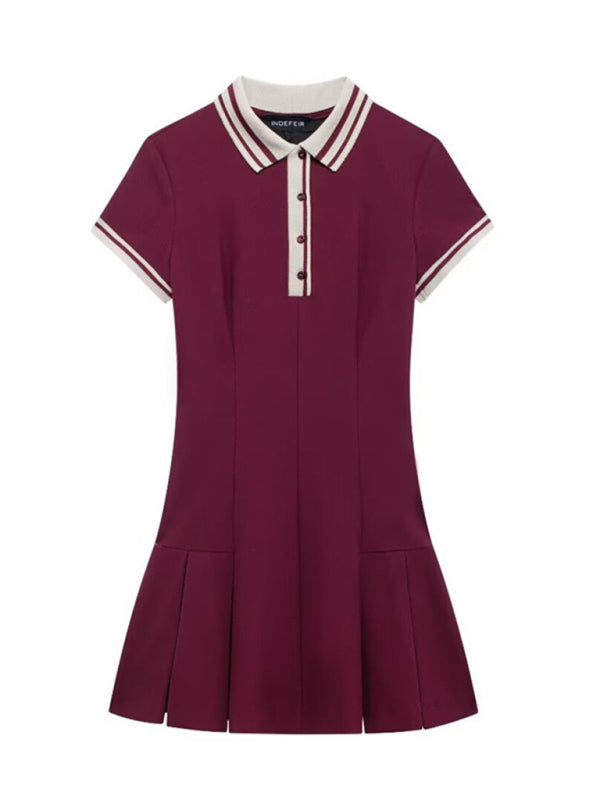 Mini Dresses - Contrast Trim Drop Waist Henley Collar Dress