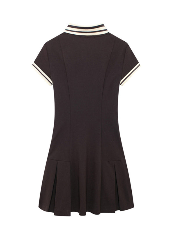 Mini Dresses - Contrast Trim Drop Waist Henley Collar Dress