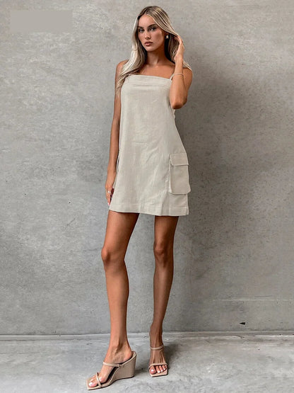 Women's Cotton Linen Cami Dress with Utility Pockets