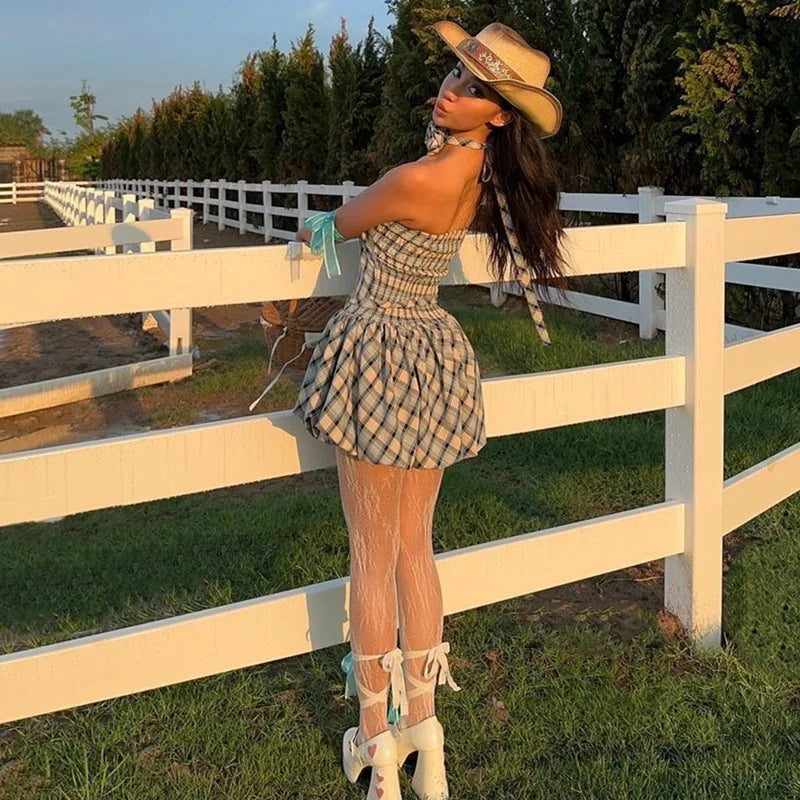 Mini Dresses - Country Plaid Strapless Dress with Choker