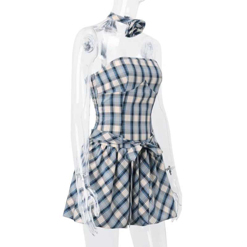 Mini Dresses - Country Plaid Strapless Dress with Choker