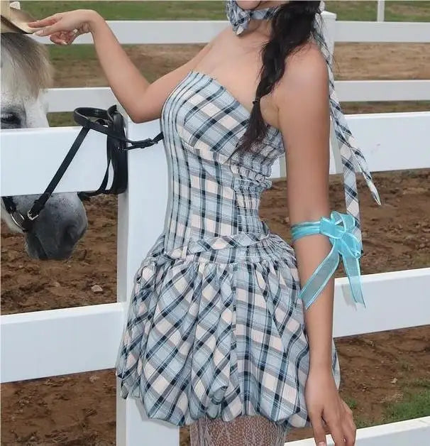 Mini Dresses - Country Plaid Strapless Dress with Choker