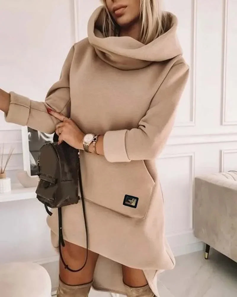 Mini Dresses - Cozy Cowl Neck Hoodie Mini Dress - Perfect for Chilly Days