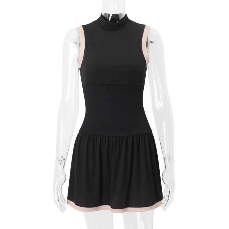 Mini Dresses- Day-to-Night Knitting Mock Neck Mini Dress with Contrast Hem- - Pekosa Women Fashion