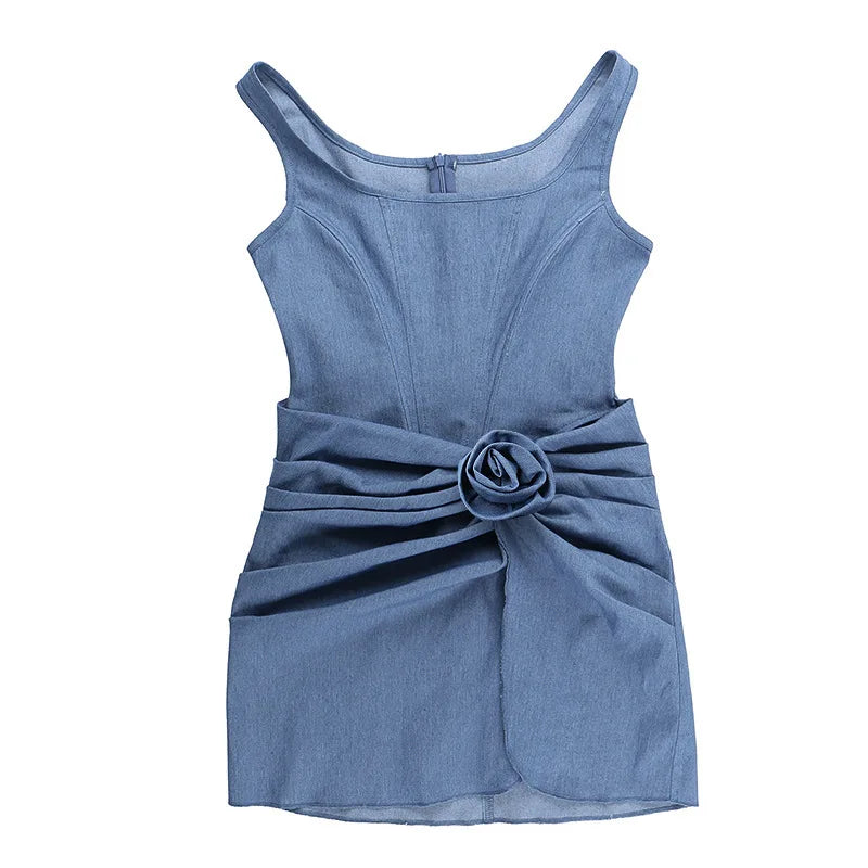 Denim Blue Bodycon Wrap Skirt Mini Dress with Floral Applique for Women