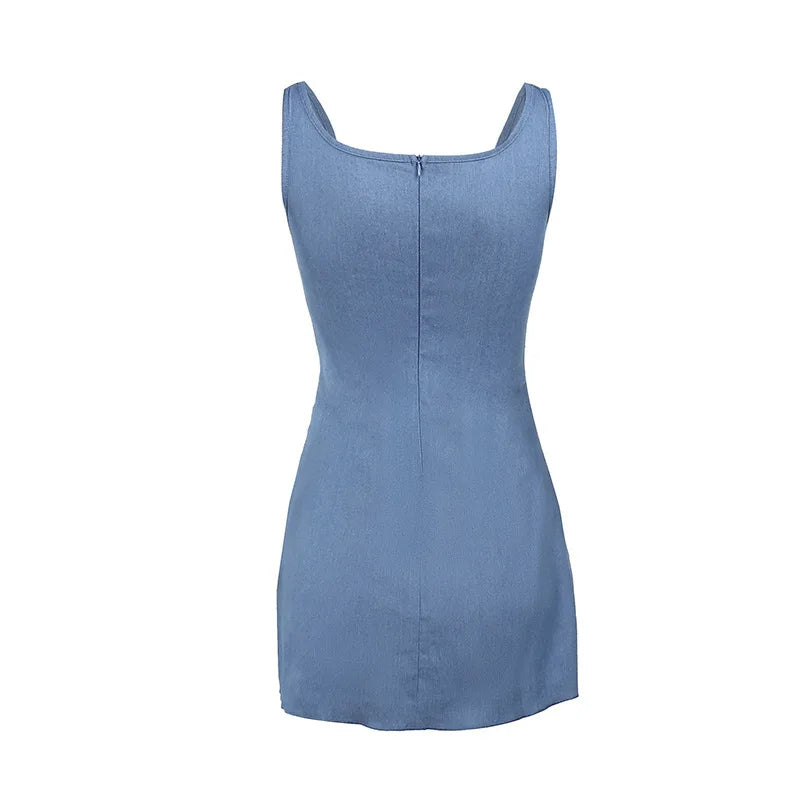 Denim Blue Bodycon Wrap Skirt Mini Dress with Floral Applique for Women