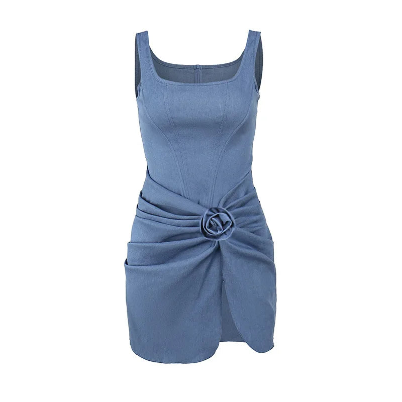 Denim Blue Bodycon Wrap Skirt Mini Dress with Floral Applique for Women