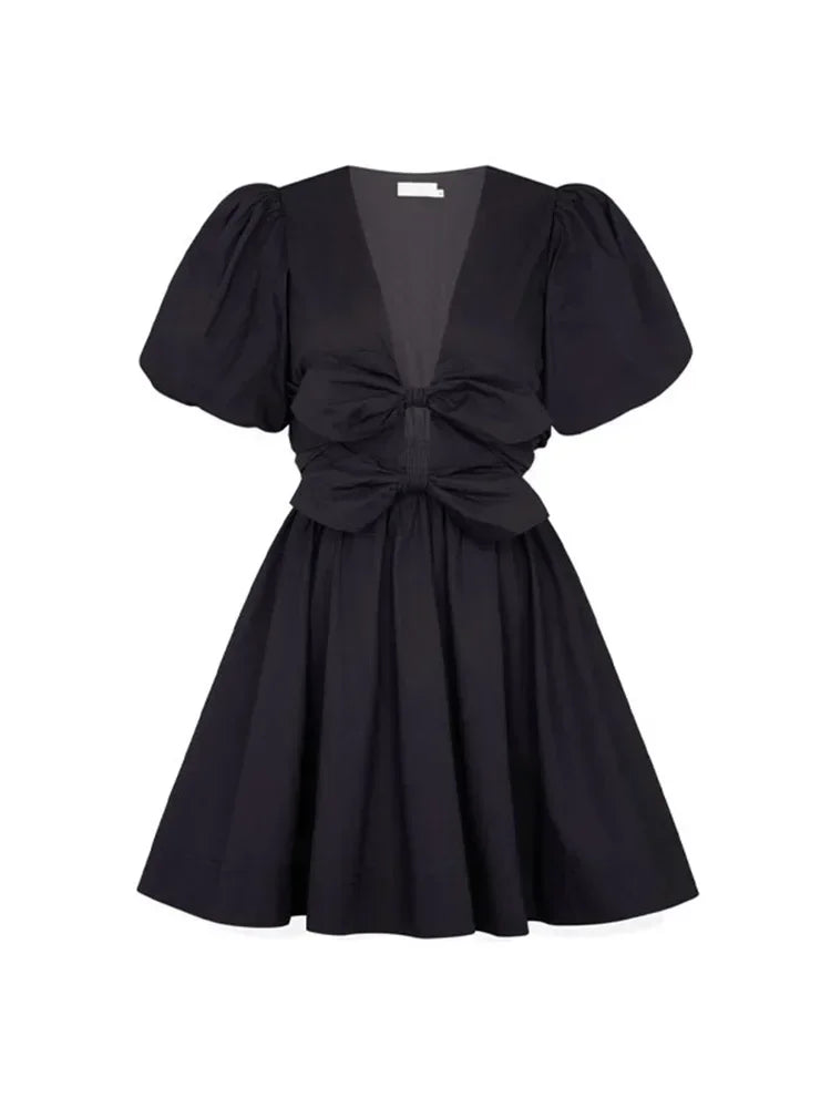 Mini Dresses- Dual Bow Knot Plunging Neck Pleated Skirts Puff Sleeves Mini Dress