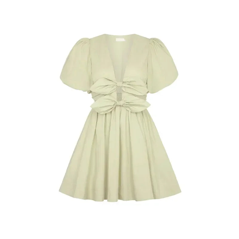 Mini Dresses- Dual Bow Knot Plunging Neck Pleated Skirts Puff Sleeves Mini Dress