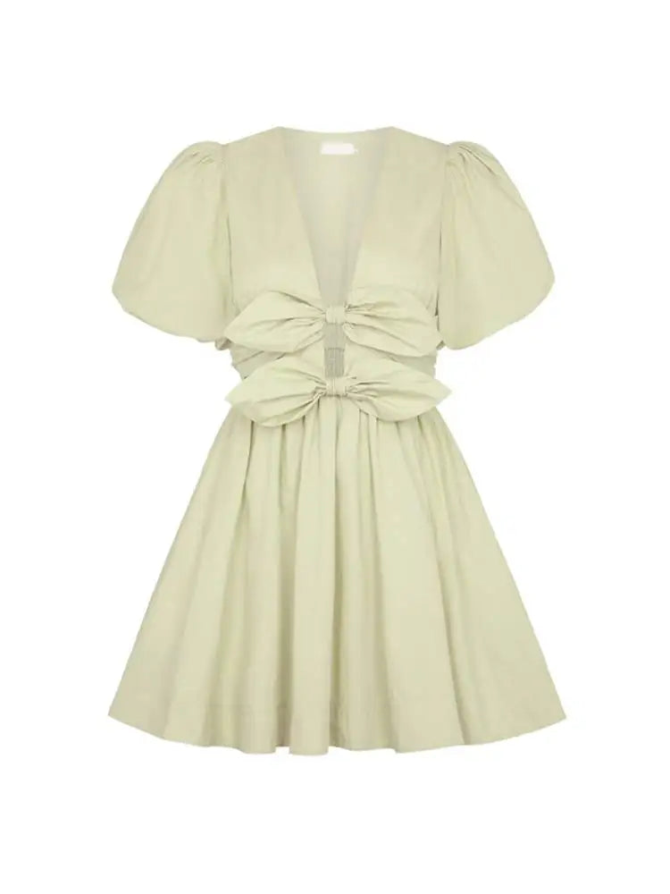 Mini Dresses- Dual Bow Knot Plunging Neck Pleated Skirts Puff Sleeves Mini Dress