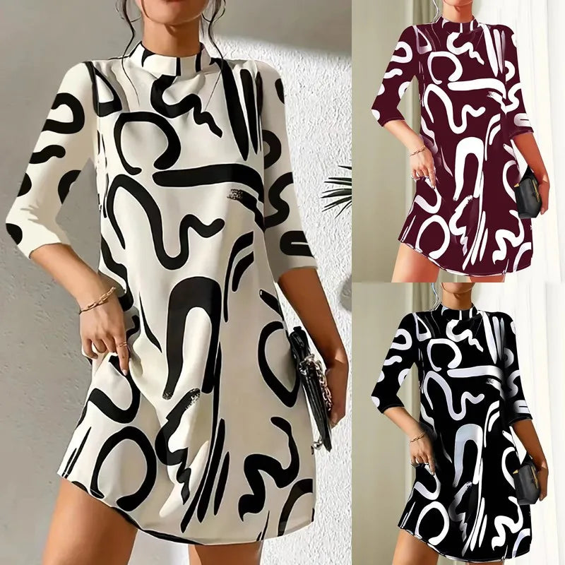 Mini Dresses - Eclectic 3/4 Sleeve Dress for Trendy Office Days