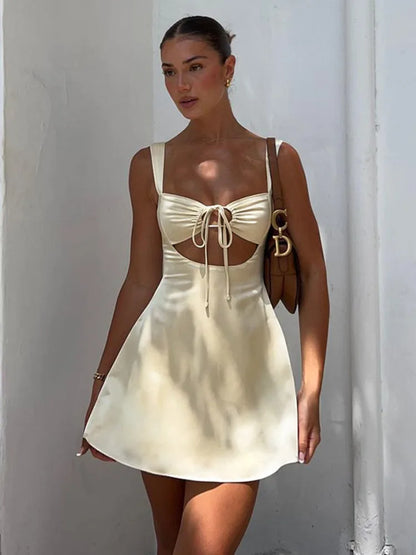 Mini Dresses- Cocktail Elegant Cream A-Line Mini Dress- - Pekosa Women Fashion