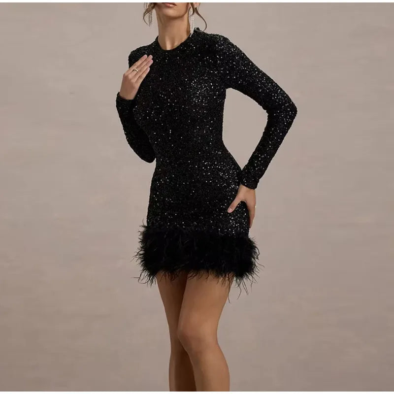 Mini Dresses - Elegant Sequin Mini Dress with Playful Ruffles